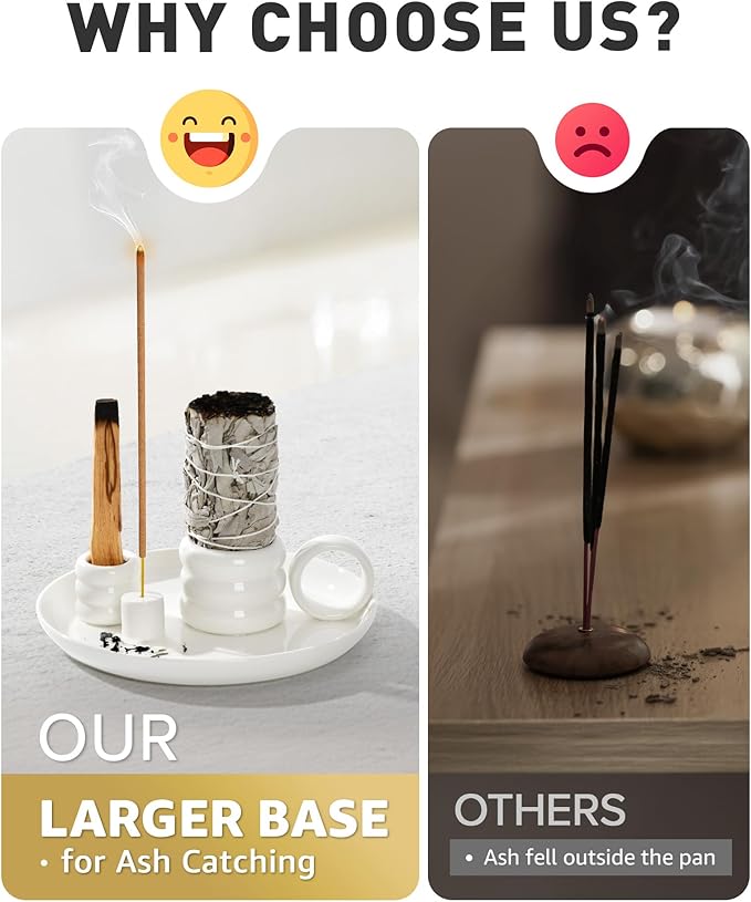 4 in 1 Incense Holder, Palo Santo Holder for Burning Sage, Sticks & Candle, Ceramic Incense Burner with Handle, 5.9 Inch Ash Catcher Tray, Zen Decor for Meditation & Gift, White