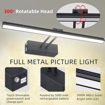 FUNCHDAY Picture Light,Battery Art Lights for Wall,Wireless Remote Painting Light with Timer and Dimmable,13”Metal Display Lighting for Artwork,Portrait,Gallery-Black