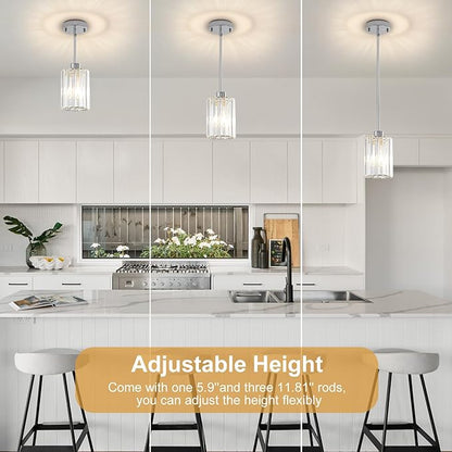 Chrome Pendant Lights, 2 Pack Modern Crystal Hanging Pendant Light Fixtures, Mini Crystal Island Lights for Kitchen Island, Dining Room, Hallway, Foyer, Entryways