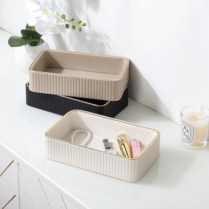 Desk Organizer Tray, PU Leather Valet Tray Nightstand Organizer Cologne Perfume Trays for Men Women, Decorative Vanity Trays Key Bowl Trinket Dish (Ivory, 9.5" x 6" x 2.2")