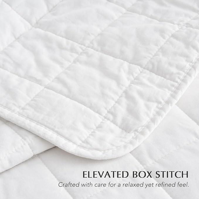 EVERGRACEHOME 100% Cotton Box Stitch Quilt Bedding Set Queen Size 3 Pieces, Garment-Washed Lightweight Soft Cozy Coverlet, Quilted Bedspread Sets with 2 Shams for All Season, Bright White