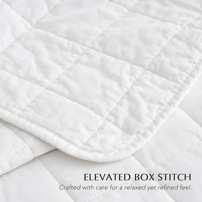 EVERGRACEHOME 100% Cotton Box Stitch Quilt Bedding Set Queen Size 3 Pieces, Garment-Washed Lightweight Soft Cozy Coverlet, Quilted Bedspread Sets with 2 Shams for All Season, Bright White