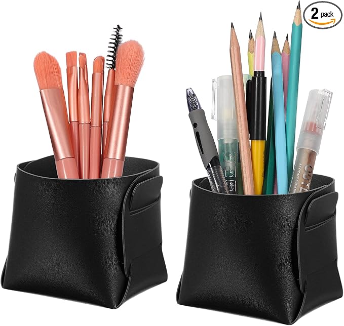 PATIKIL 2Pack Leather Desk Organizer, Leather Pencil Pen Holder Jewelry Valet Tray Hair Accessories Organizer for Bedroom Drawer Office Key Wallet Watch Pen Pencil Glasses, Black