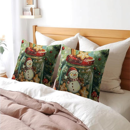 Christmas Pillow Covers 22x22 Set of 2 Green Snowman Throw Pillow Covers Winter Pillowcase Linen Decoration Farmhouse Snowflake Bell Cozy Soft Cushion Case Couch for Indoor Outdoor Home Decor