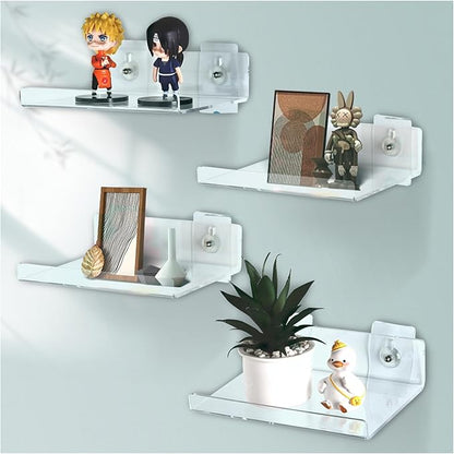 Floating Acrylic Shelves, 8X6 Inch Clear Wall Shelf, Small Plant Shelves, Picture and Toy Display Stand (No Drill, 4 Pack)