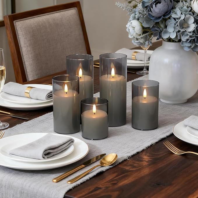 Rechargeable Flameless Candle, Flashing LED Pillar Real Wax Candle with Remote Control and Timer, Clear Glass Electronic Candles, 1 Set of 5（Gray）