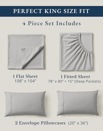LANE LINEN 100% Organic Cotton King Sheet Set, 4Pc Cotton Sheets King Size, Soft & Comfy Percale Eco Friendly Sustainably Produced Bedding Sheets & Pillowcases, 15" Deep Pocket King Sheet Set - Silver