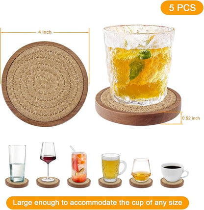 Coasters for Drinks Absorbent Sets of 5, Woven Coasters with Holder, Housewarming Gift for Farmhouse Home Decor, 4 inches