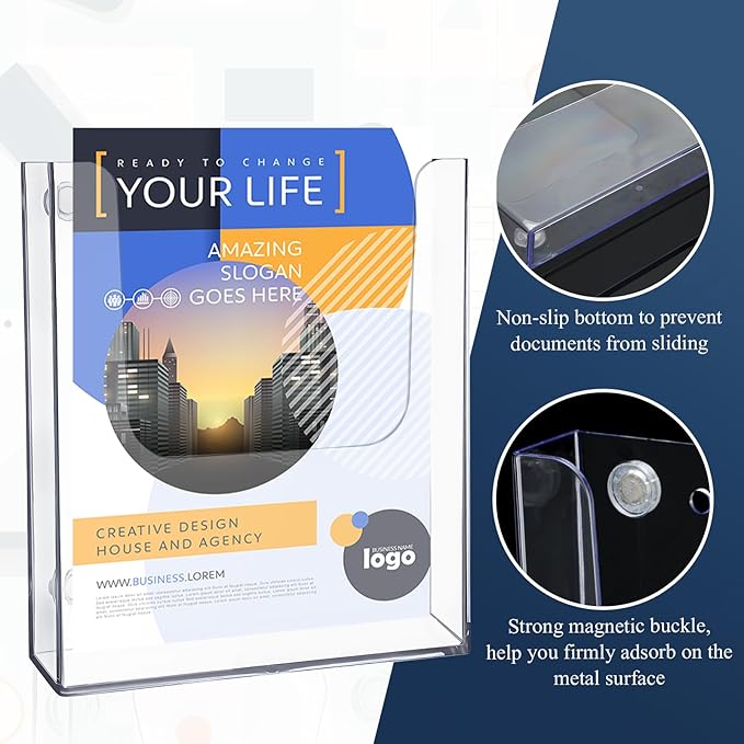 Thyle 4 Pieces 8.8 Inch Wide Magnetic Magazine Holder Acrylic Brochure Document Holder Pamphlet Flyer Display Clear Sign Stand for Metal Surfaces Refrigerators Wall Mount