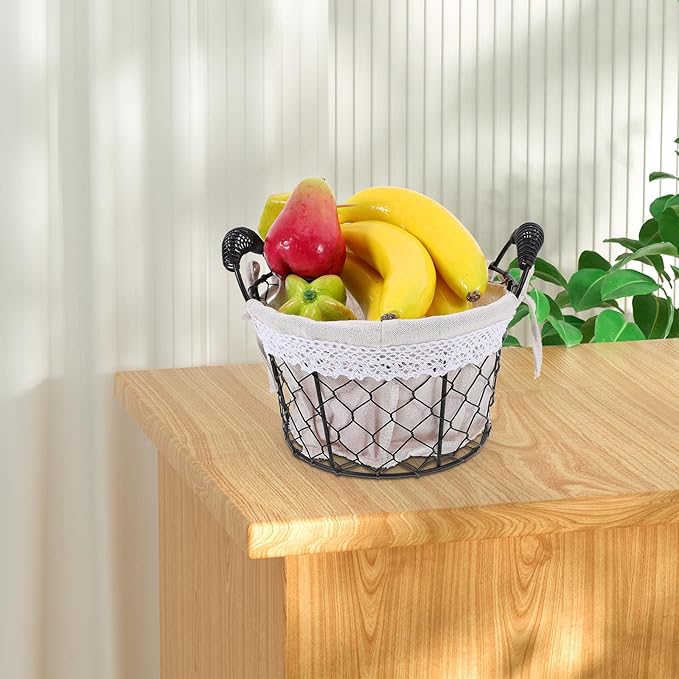 Metal Wire Storage Basket with Handle and Fabric Liner Round Rustic Bread and Candy Basket for Table Fruit Organizer for Home Decor
