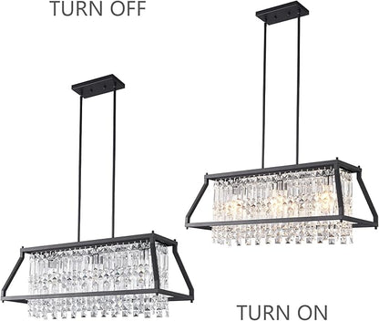 LMQNINE Chandeliers for Dining Room, 3-Light Trapezoidal Industrial Dining Room Light Fixture Farmhouse Chandelier Crystal Pendant Lights Kitchen Island Living Room (Black 30.7 inch)
