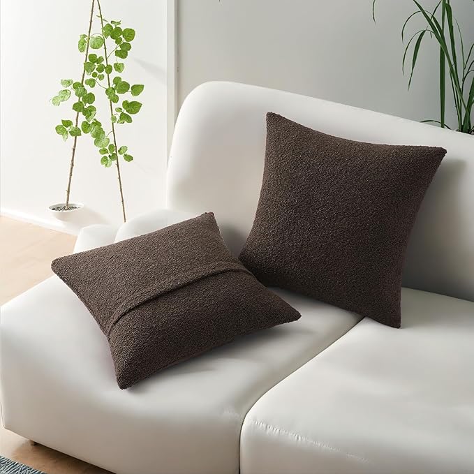 HAUSSY Set of 2 18x18 Decorative Throw Pillow Covers, Soft Cozy Textured Boucle Couch Cases, Home Decor for Couch Bed Living Room, Dark Coffee