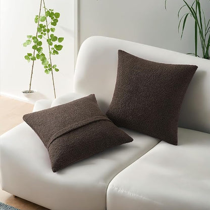HAUSSY Set of 2 18x18 Decorative Throw Pillow Covers, Soft Cozy Textured Boucle Couch Cases, Home Decor for Couch Bed Living Room, Dark Coffee
