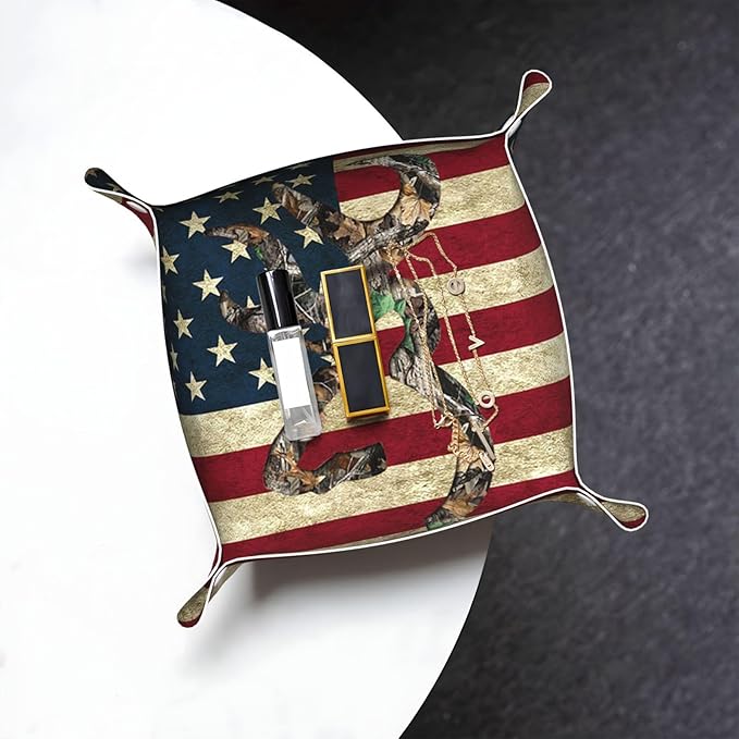 Valet Tray for Men Husband Boyfriend – Catchall Bedside Vanity Tray, Nightstand Caddy Leather Holder for Keys, Phone, Wallet, Coins, Trinkets & Jewelry Camo Deer American Flag Hunting 019