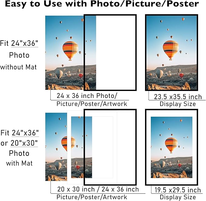 24x36 Picture Frame with 20x30 Mat Set of 2, Display Photo 20x30 with Mat or 24 x 36 Without Mat, Wall Hanging Large 24 by 36 Poster Frame with Plexiglass, 2 Pack, Black