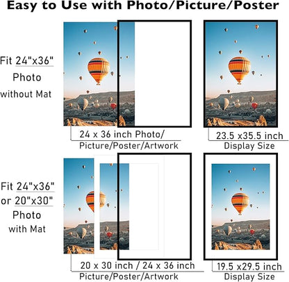 24x36 Picture Frame with 20x30 Mat Set of 2, Display Photo 20x30 with Mat or 24 x 36 Without Mat, Wall Hanging Large 24 by 36 Poster Frame with Plexiglass, 2 Pack, Black
