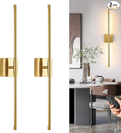30″ Gold Battery Operated Wall Sconces Set of 2, Dimmable Wall Sconces with Remote Control, Rechargeable Sconces Wall Lighting, LED Wireless Wall Lights for Bedroom, Living Room, Bathroom