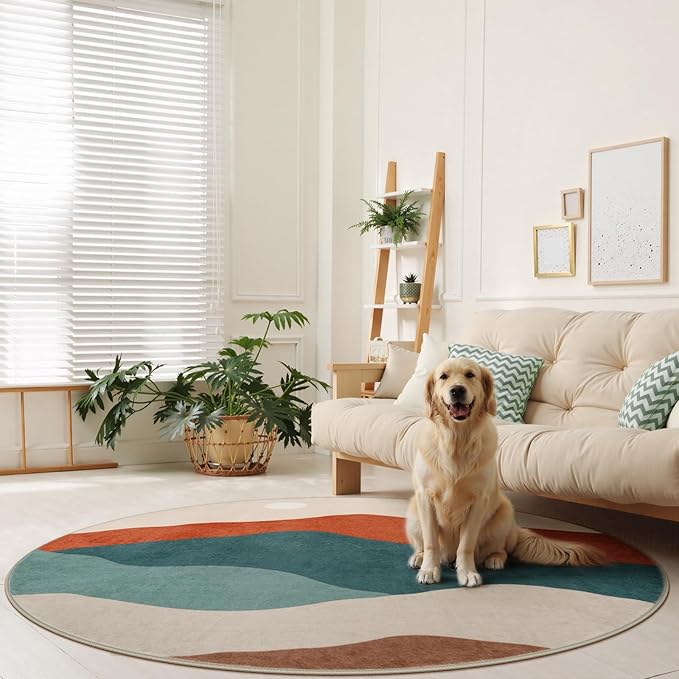 Mountain Round Rugs 6ft, Large Non Slip Circle Rug for Living Room Washable Boho Sunrise Sunset Bedroom Rug, Colorful Stain Resistant Round Carpet for Dining Room Nursery