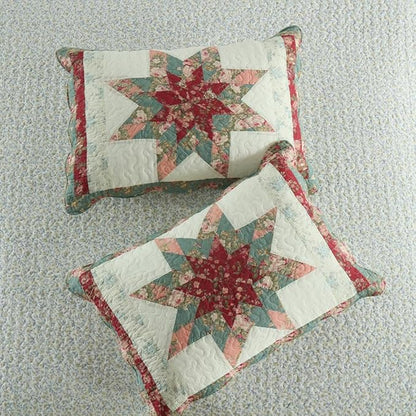 Cotton Bedspread Quilt Bedding Sets, 3 Pieces Reversible Coverlets Comforters Star with Red Floral Real Patchwork Bedspread, King Size