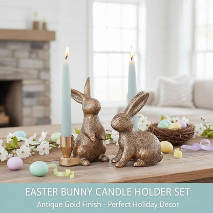 Gold Rabbit Candle Holders - Bunny Set of 2 Vintage Rustic Pedestal Candlesticks, Easter Decorations, Holiday & Themed Decor, Centerpieces for Fireplace Mantle & Dining Table
