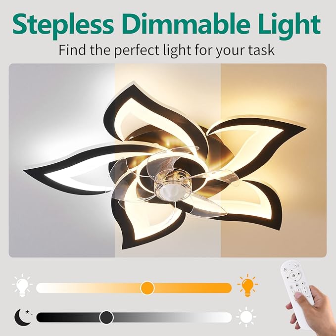 HuixuTe 24" Geometric Ceiling Fan with Lights Remote Control, 6 Speeds 3 Colors Black Low Profile Ceiling Fan with Light for Kitchen Bedroom Living Room