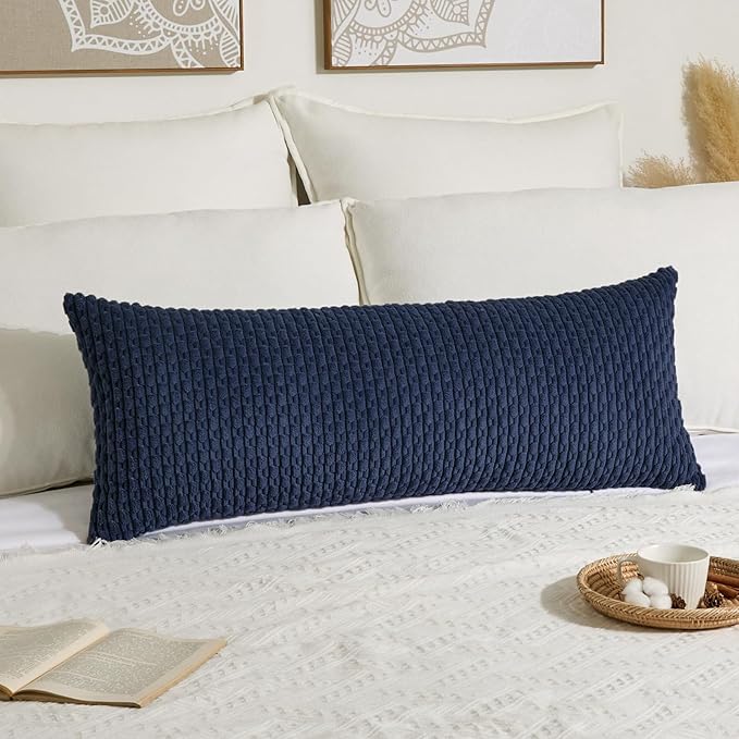 Kevin Textile 20x54 Inch Long Body Lumbar 1 Pack Boho Decorative Throw Pillow Cover Soft Striped Corduroy Rectangle Cushion Case Farmhouse Accent for Living Room Couch Sofa Bed, Navy Blue