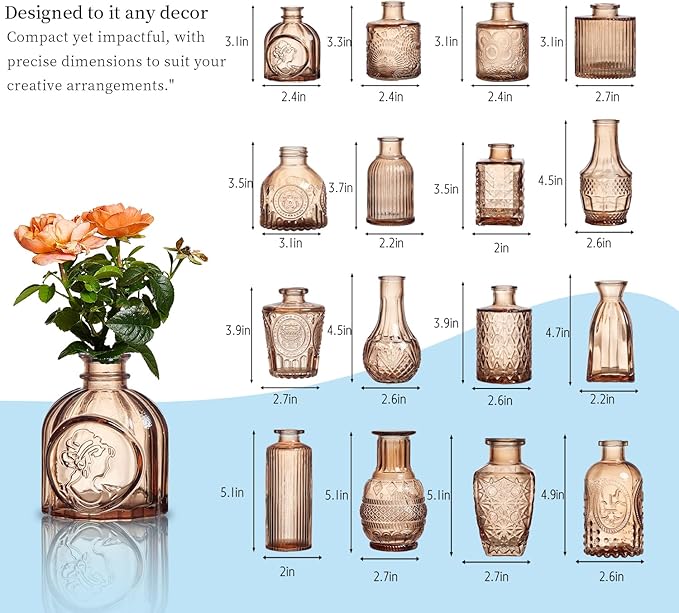 Glass Bud Vases Set of 32 - Amber Assorted Small Mini Glass Vases for Flowers, Crystal Vintage Vase Set, Bulk Centerpieces for Table Décor, Wedding, Home and Events (Amber, 32 Pcs)