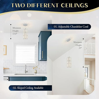 Chrome Pendant Lighting, Modern Crystal Mini Pendant Light Fixture, Adjustable 3-Pack Chandeliers for Kitchen Island, Dining Room, Bedroom