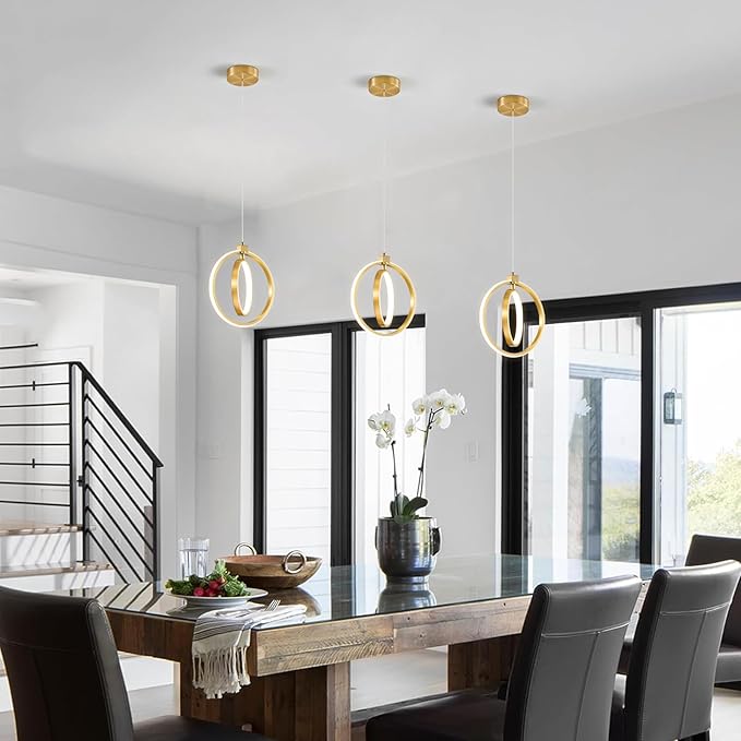 Modern LED Chandelier Gold Ring Pendant Light Fixtures 4000K Dimmable Height Adjustable Pendant Lighting for Dining Room Kitchen Island Bedroom Living Room Foyer（3-Pack）