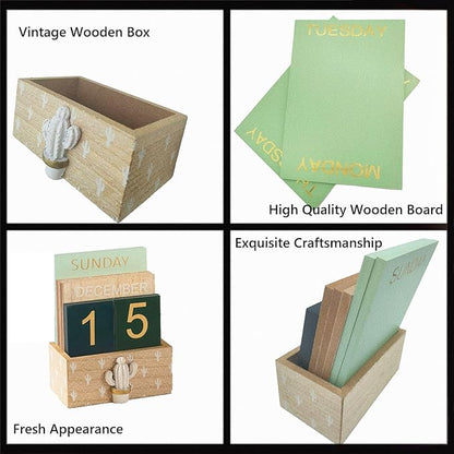 Fresh Cactus Decorated Wooden Calendar (Approximately 4.49 * 2.48 * 5.3 inches) Retro Block Shaped Calendar Desktop Decoration, Suitable for Various Scenarios such as Home and Office Holiday Gifts(Green)
