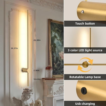 Battery Operated Wall Sconce USB Rechargeable Sconces, 39.3" Brushed Gold Wireless Wall lamp Set of 2, 3000K-6000K & Dimming with Remote Control, LED Wall Lights for Living Room, Bedroom
