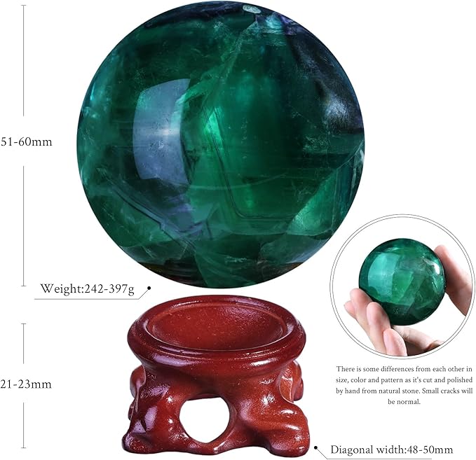 Nupuyai Natural Green Flourite Crystal Ball with Resin Stand, Healing Crystal Sphere for Home Decor 2.01"-2.36"(51mm-60mm)