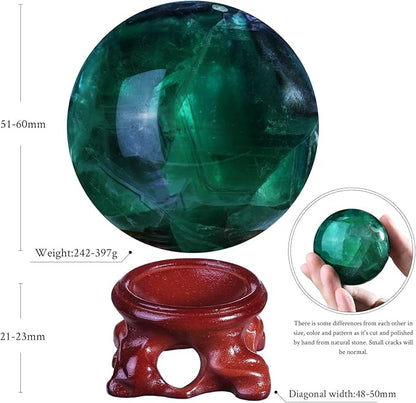 Nupuyai Natural Green Flourite Crystal Ball with Resin Stand, Healing Crystal Sphere for Home Decor 2.01"-2.36"(51mm-60mm)