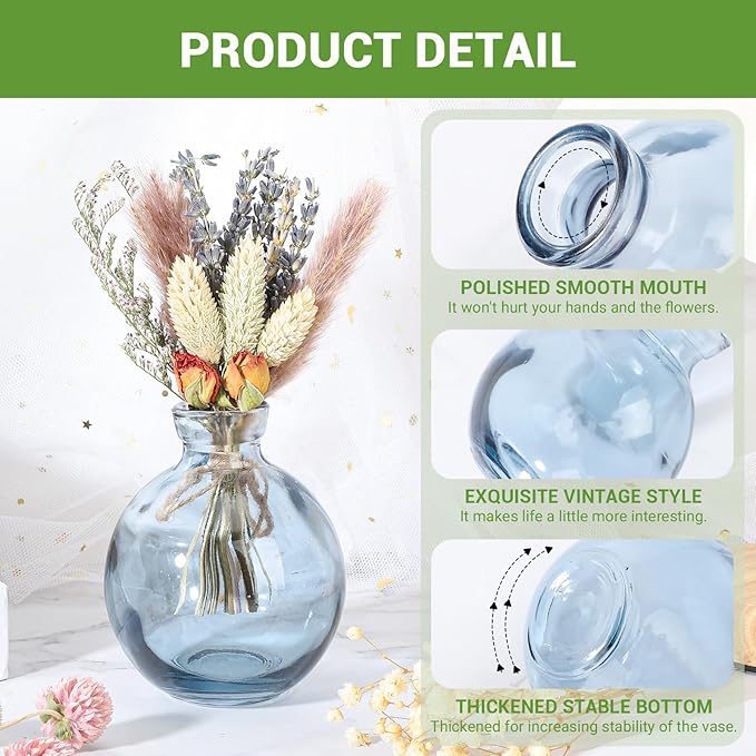 Suream Blue Small Vase, 3 Packs Decorative Bud Vases in Bulk for Centerpieces, Mini Vases for Rustic Wedding Floral Arrangements Home Decorations