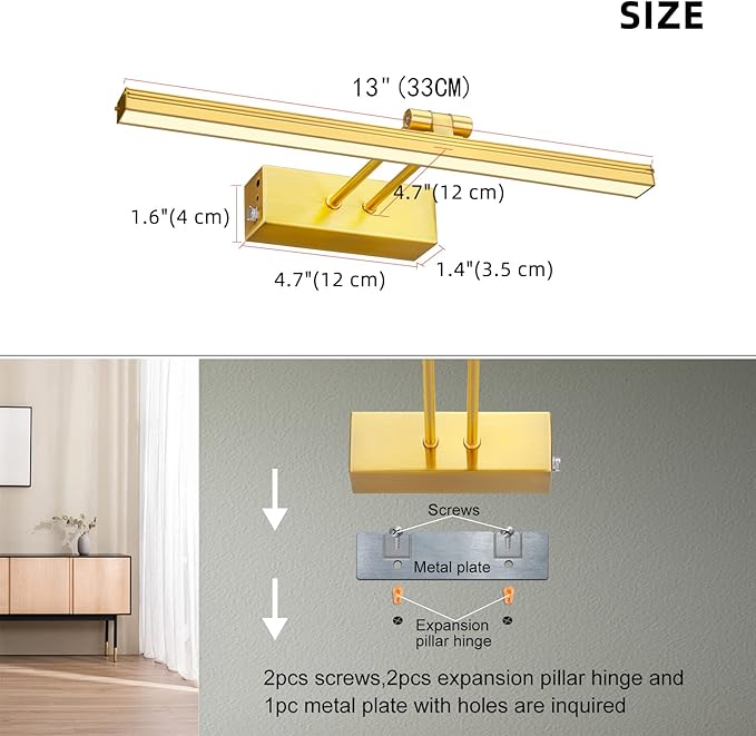 FUNCHDAY Picture Light,Battery Art Lights for Wall,Wireless Remote Painting Light with Timer and Dimmable,13”Metal Display Lighting for Artwork,Portrait,Gallery(Brass)
