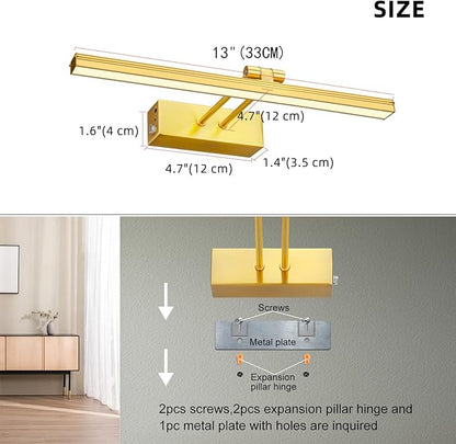 FUNCHDAY Picture Light,Battery Art Lights for Wall,Wireless Remote Painting Light with Timer and Dimmable,13”Metal Display Lighting for Artwork,Portrait,Gallery(Brass)