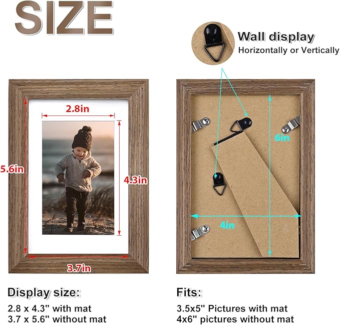 KINLINK 4x6 Frame Brown Wood, Solid Wood 4 x 6 Picture Frame with Acrylic Plexiglass for 3.5x5 with Mat, Tabletop and Wall Display Photo Frames 4x6 Brown Wood, 4 Pack