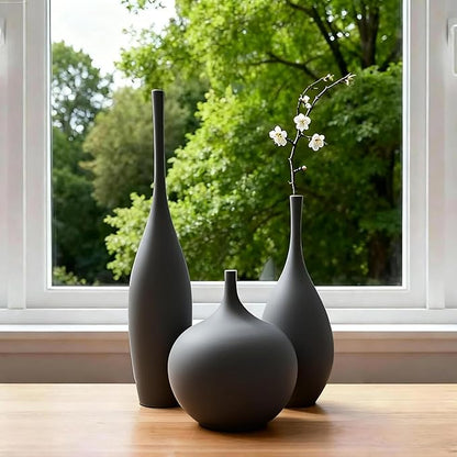Black Ceramic Vase Modern Boho Wabi-Sabi Flower Vase Set of 3 Decorative Aesthetic Vases for Centerpieces Matte Minimalist Vases for Living Room Table Shelf Home Decor Gift