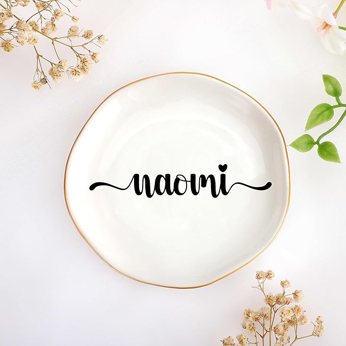 JoycuFF Naomi Personalized Name Ceramic Jewelry Tray, Mothers Day Christmas Anniversary Engagement Birthday Gifts for Women Couples, Trinket Dish for Rings Earrings Necklaces Bracelets Keys