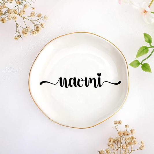 JoycuFF Naomi Personalized Name Ceramic Jewelry Tray, Mothers Day Christmas Anniversary Engagement Birthday Gifts for Women Couples, Trinket Dish for Rings Earrings Necklaces Bracelets Keys