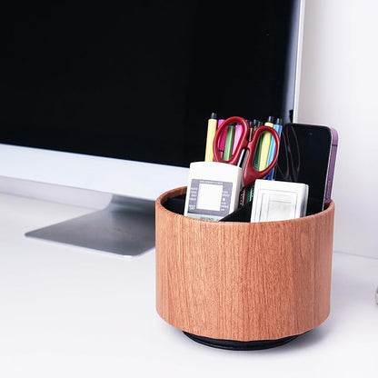 Round Leather Art Supply Organizer,Remote Control Holder,360 Degree Spinning,Multi-Functional Pencil Holder,4 Compartments Desktop Stationary Organizer(1-Thin Wood Ligh Brown)