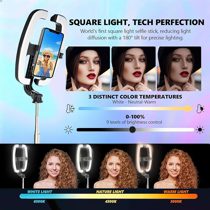Foldable Selfie Light with Stand,54" Extendable Phone Holder Selfie Stick with Dimmable LED Lights and Remote,Ring Light Tripod for Video Recording/Live Stream/Makeup/Photography/YouTube/TikTok