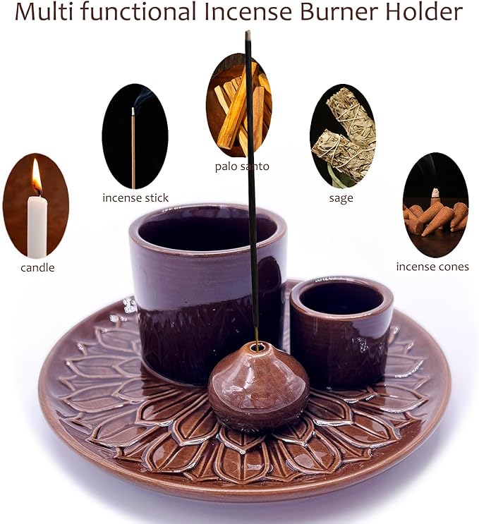 4 in 1 Multifunctional Ceramic Incense and Candle Holder with Ash Catcher Tray Suit for Burning White Sage, Palo Santo Sticks (Dark Brown)