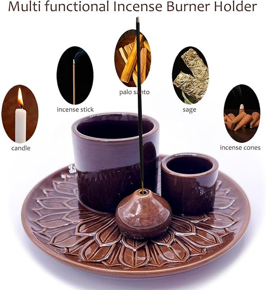 4 in 1 Multifunctional Ceramic Incense and Candle Holder with Ash Catcher Tray Suit for Burning White Sage, Palo Santo Sticks (Dark Brown)