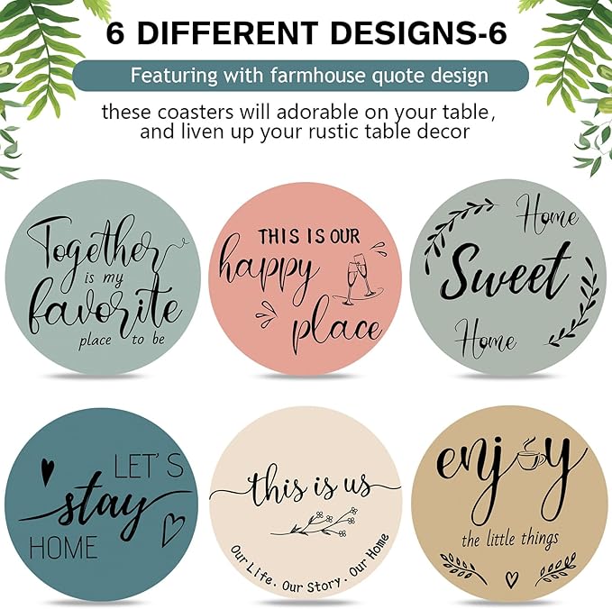 Queekay Coasters Set of 6 House Warming Gifts New Home Wooden Farmhouse Drink Coasters with Holder 4'' Funny Decoration for Kitchen Family Coffee Bar Tabletop Protection(Light Color)