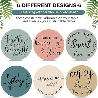 Queekay Coasters Set of 6 House Warming Gifts New Home Wooden Farmhouse Drink Coasters with Holder 4'' Funny Decoration for Kitchen Family Coffee Bar Tabletop Protection(Light Color)