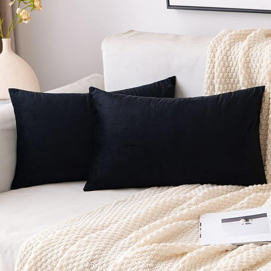 EMEMA Pack of 2 Velvet Throw Pillow Covers Decorative Rectangle Pillowcase Soft Solid Cushion Case for Sofa Bedroom Chair Car 12x20 Inch Black