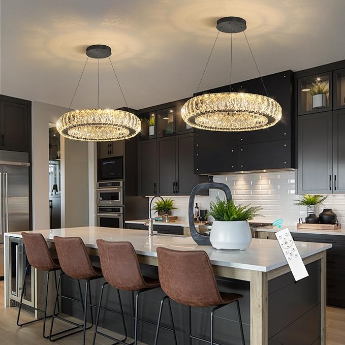 Modern Chandelier Crystal LED Dimmable Ring Pendant Lights Adjustable Hanging Lighting Chandeliers Fixtures for Dining Room Bedroom Kitchen Island Table Black Light