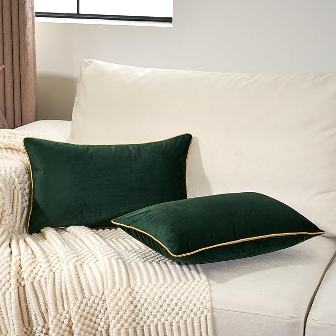 Aeckself Pack of 2 Luxury Velvet Green Lumbar Pillow Covers 12 x 20 Inch, Modern Decorative Pillowcase with Gold Trim Edge, Comfortable Soft Solid Cushion Case for Couch Bedroom Living Room