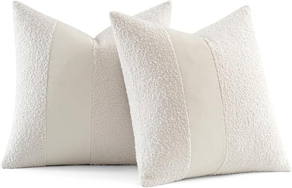 MIULEE Boucle Throw Pillow Covers 18x18 Inch Set of 2 White Faux Leather Textured Decorative Pillow Cases Boho Farmhouse Accents Cushion Covers for Couch Bed Livingroom Home Decor